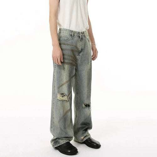 Load image into Gallery viewer, Niche Design Men&#39;s Two-piece Lapel Holes Contrast Color Single Breasted Denim Jackets Casual Straight Leg Male Jeans 9W1837
