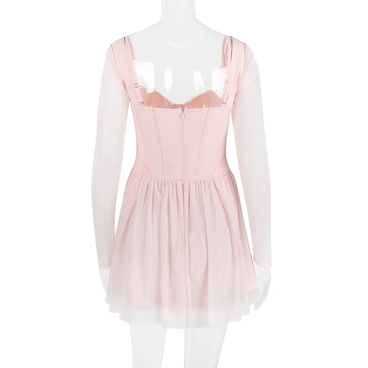 Lace Mesh Backless Sexy Mini Dress For Women Zipper Fishbone Square Collar Long Sleeve Ruched Club Party Dress New