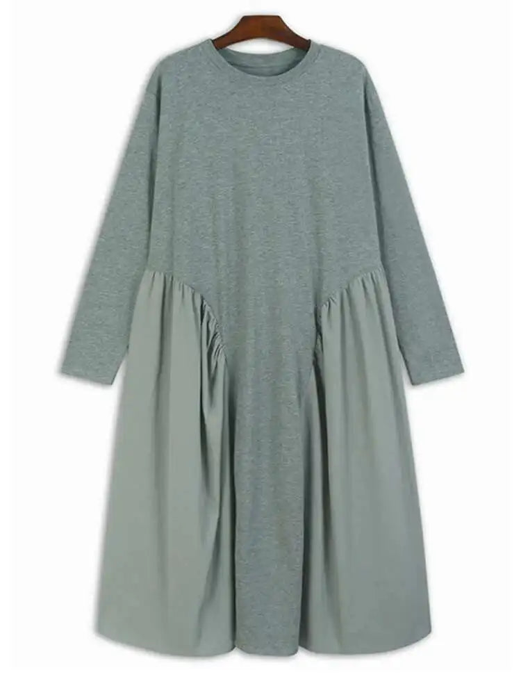 Women Black Side Pleated Spliced Big Size Midi Dress New Round Neck Long Sleeve Fashion Tide Spring Autumn 2025 1DH7010