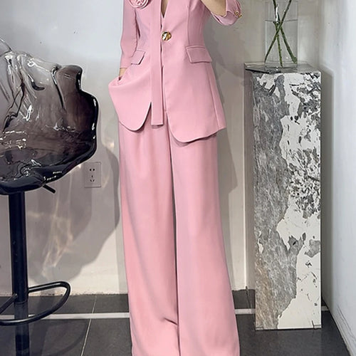 Load image into Gallery viewer, Elegant Two Piece Sets for Women V Neck Long Sleeves Spliced 3D Flower Blazer High Waist Wide Leg Pant Set Female
