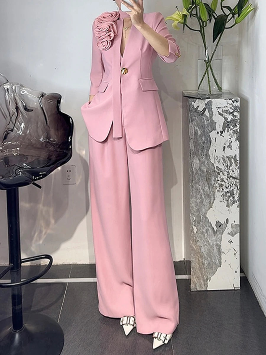 Elegant Two Piece Sets for Women V Neck Long Sleeves Spliced 3D Flower Blazer High Waist Wide Leg Pant Set Female