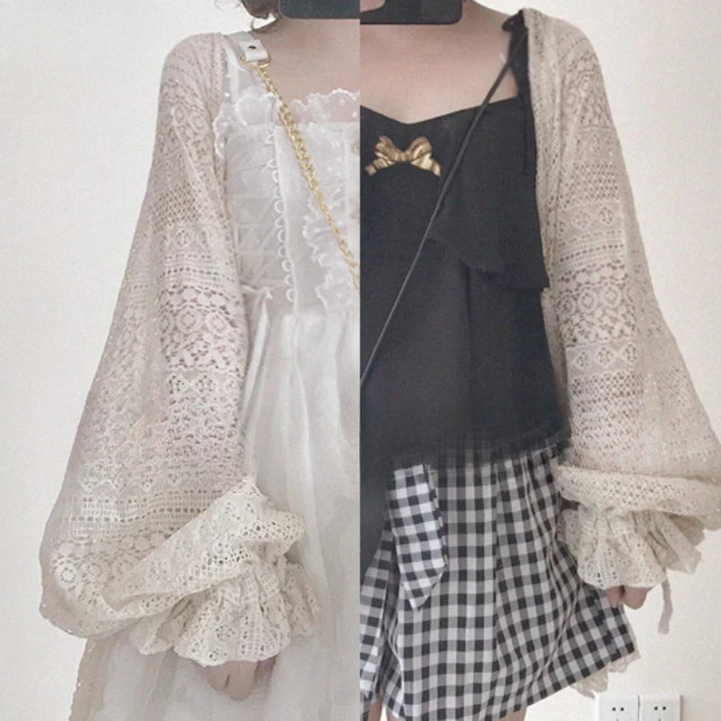 2025 Summer Y2k Aesthetic Women Cardigan Solid Sweet Lace Hollow Out Loose Knitted Harajuku Grunge Lantern Sleeve Bandage Tops