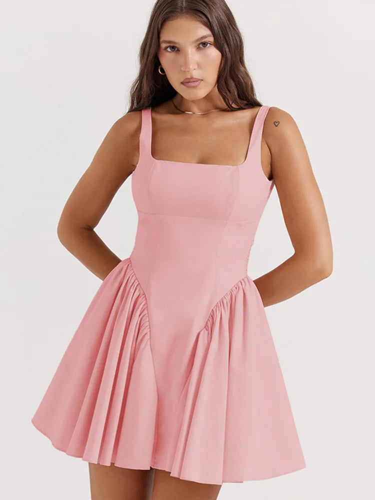 Elegant Backless Bow Mini Dress For Women 2023 Autumn New Square Collar Sleeveless Ruffles Sexy Dress Vintage Fashion