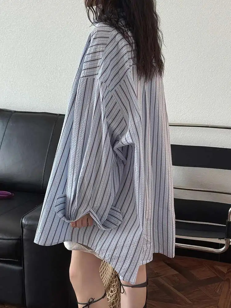 Women Apricot Striped Textured Big Size Long Blouse New Lapel Long Sleeve Shirt Fashion Tide Spring Autumn 2025  1DJ0598