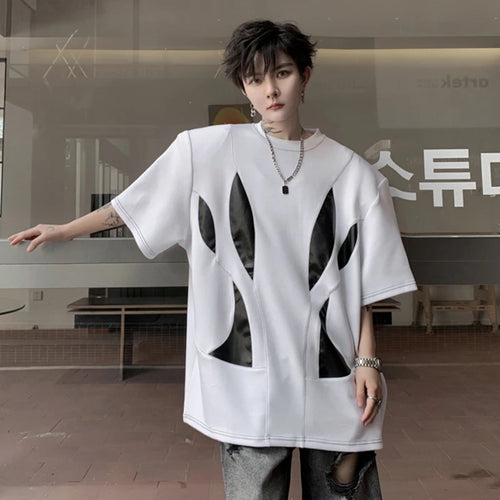 Load image into Gallery viewer, Trendy T-shirt PU Leather Patchwork Men Round Neck Geometric Pattern Men&#39;s Loose Top Short Sleeve Summer 28W3330
