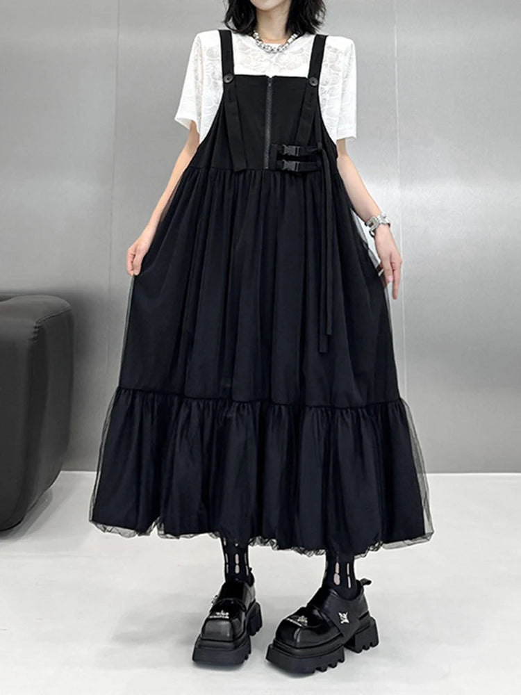Women Black Buckle Mesh Big Size Midi Strap Dress New Square Collar Sleeveless Fashion Tide Spring Autumn 2025 1DJ1426