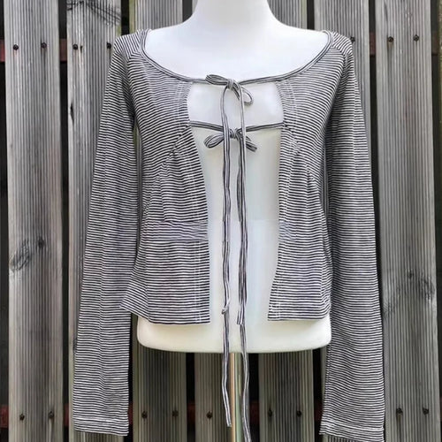 Load image into Gallery viewer, Korean Women Bandage Bow Cardigans Vintage Fairy Y2k Aesthetic Striped Coat Streetwear Fashion Casual Chic Fairy Cardigan Femme
