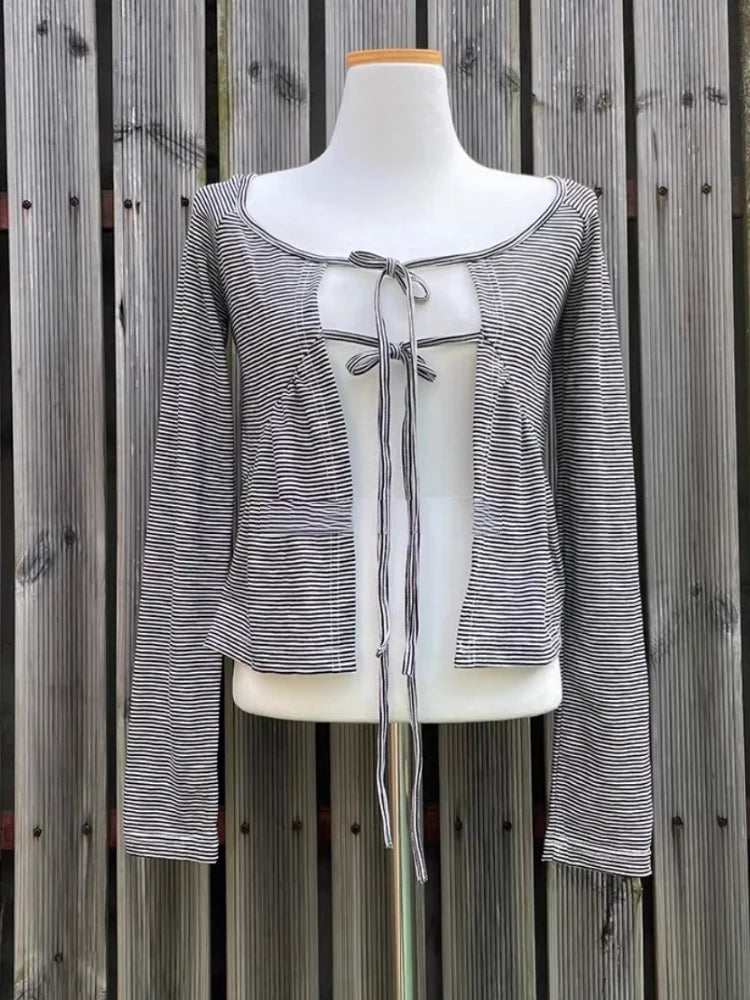 Korean Women Bandage Bow Cardigans Vintage Fairy Y2k Aesthetic Striped Coat Streetwear Fashion Casual Chic Fairy Cardigan Femme