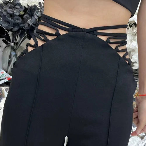 Load image into Gallery viewer, Black Cut Out Wide Leg Pants For Women High Waist Bandage Solid Minimalist Trousers Female Spring Clothes Style
