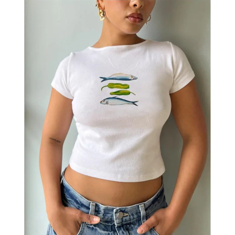 y2k Baby Tee Women Craphic Crop Top Round Neck Short Sleeve T Shirt Casual Vest 2000s Aesthetic Clothes Streetwear