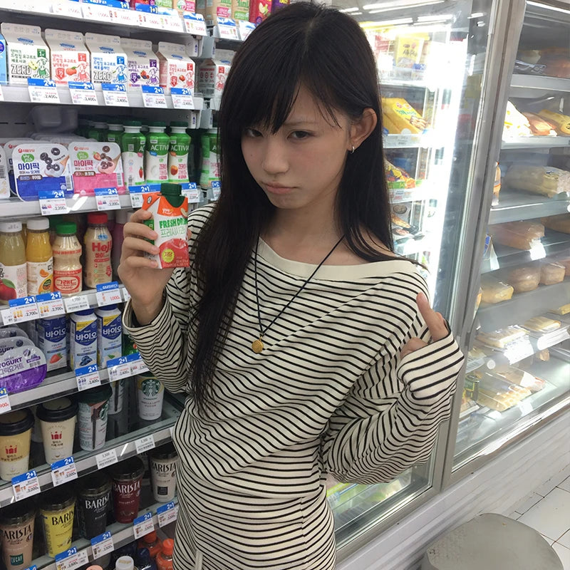 Japanese Y2k Long Sleeve Striped T-shirt 2000s Lazy Style Knitted Tops Vintage Harajuku Knit T Shirt American Retro 90s