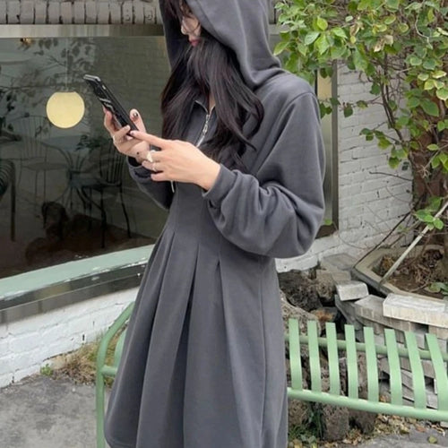 Load image into Gallery viewer, Korean School Sport Oversize Hood Dress Women Kpop Fashion Streetwear Design Student Mini Short Dresses Autumn
