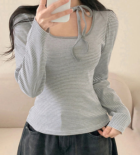 Fall Striped Tops Women Aesthetic Clothes Tie-up Front Square Neck Long Sleeve Crop T Shirts y2k Clothing Streetwear
