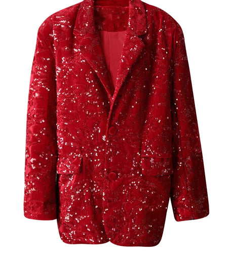 Women Red Sequins Shining Big Size Elegant Blazer New Lapel Long Sleeve Jacket Fashion Tide Spring Autumn 2025 CPG3014