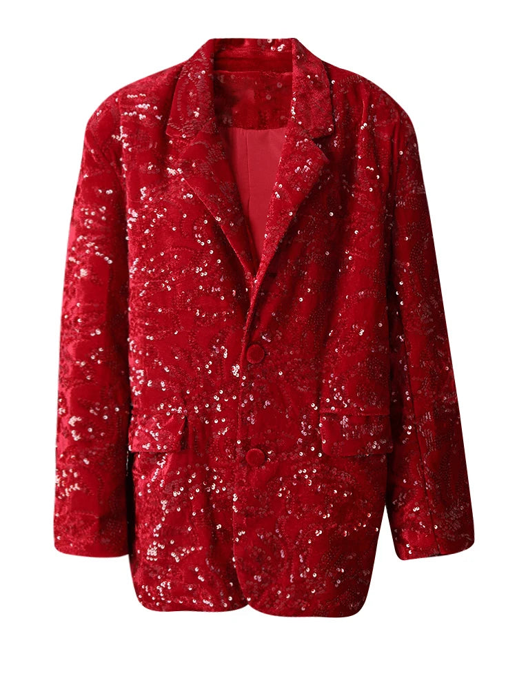 Women Red Sequins Shining Big Size Elegant Blazer New Lapel Long Sleeve Jacket Fashion Tide Spring Autumn 2025 CPG3014