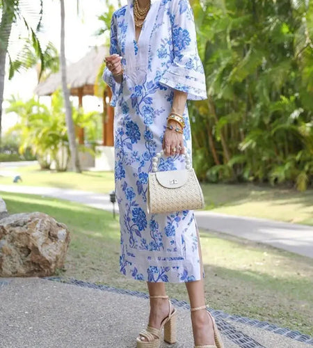 Summer Elegant Floral Printed Split-Side Evening Dresses Vintage Flared Sleeves Loose Deep V-Neck Dress For Women