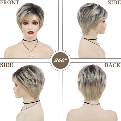 Load image into Gallery viewer, Synthetic Blonde Wigs with Bangs for Women Natural Hair Short Haircuts Dark Roots Ombre Wig Mother Hairstyles Outfits
