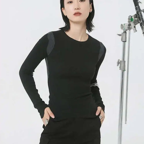 Load image into Gallery viewer, Black Slim Color-block Knitting Sweater Round Neck Long Sleeve Women Pullovers New Fashion Tide Spring Autumn 2025 1DH2082
