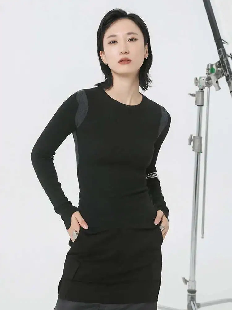 Black Slim Color-block Knitting Sweater Round Neck Long Sleeve Women Pullovers New Fashion Tide Spring Autumn 2025 1DH2082