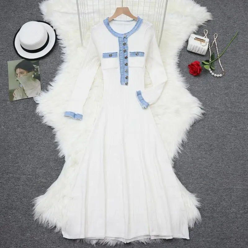 Autumn 2024 New Women's Black White Blue Patchwork Single Breasted Knitted Dress French Elegant Festival Long Sleeve Dress Trend