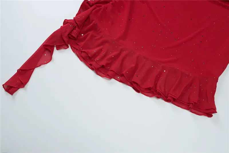 Spaghetti Strap Ruffled Sexy Mini Dress For Women Red Fashion Sleeveless Backless High Waist A-line Club Party Dress