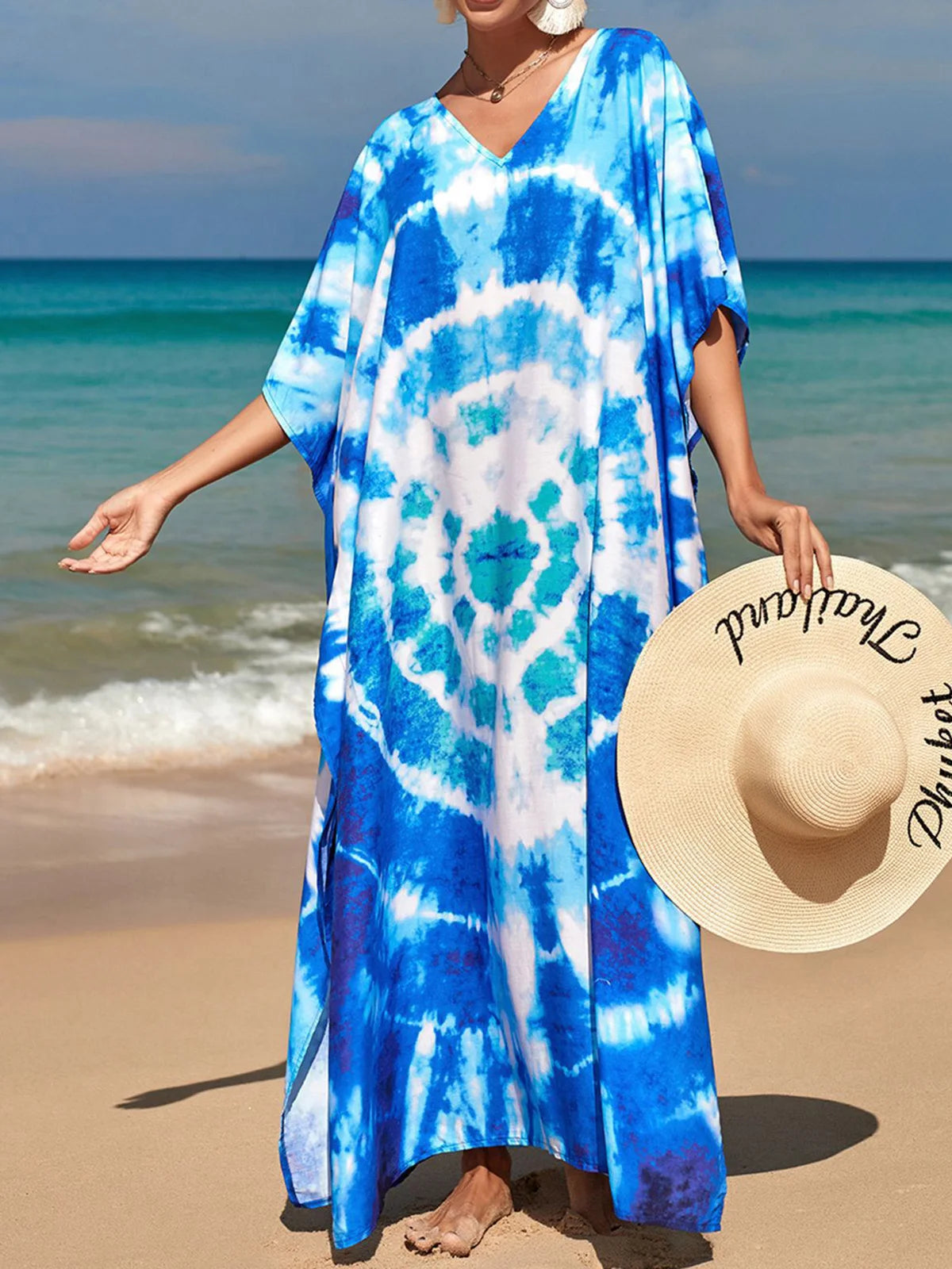 Colorful Kaftan Tunic Beach Cover Up Cover-ups Beach Dress Beach Wear Beachwear Loose Maxi Dress Female Women V4428