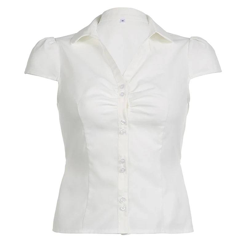 Y2K Chic White Summer Blouse Women Folds Solid Slim Tie-Up Cropped Top French Korean Shirts Cardigan Short Sleeve New