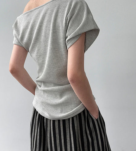 Women Navy Blue Gray Knot Irregular Elegant T-shirt New Skew Collar Sleeve Fashion Tide Spring Summer 2025 1DJ1968