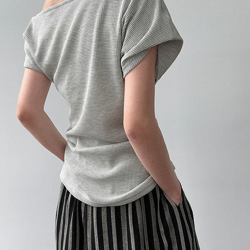 Load image into Gallery viewer, Women Navy Blue Gray Knot Irregular Elegant T-shirt New Skew Collar Sleeve Fashion Tide Spring Summer 2025 1DJ1968
