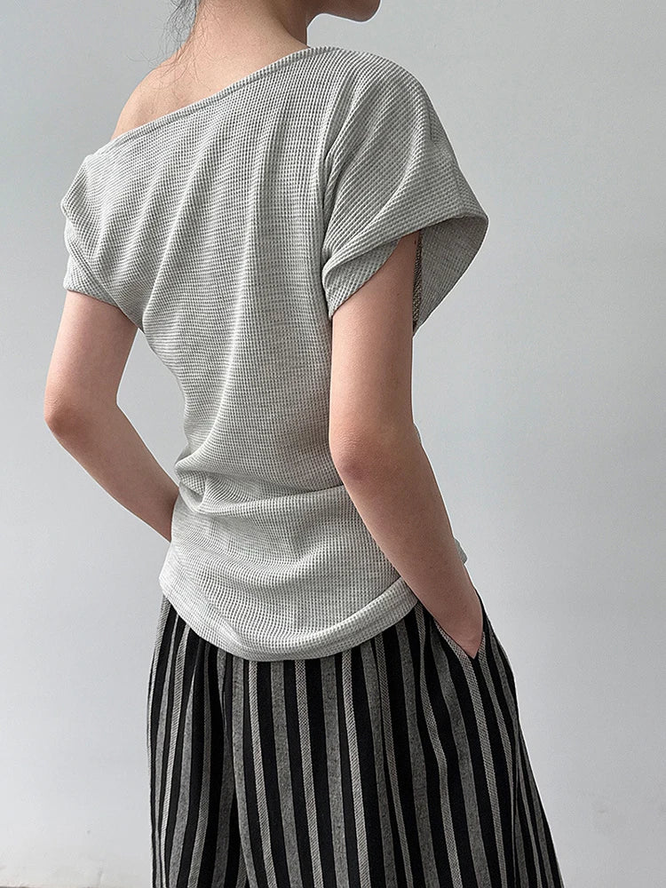 Women Navy Blue Gray Knot Irregular Elegant T-shirt New Skew Collar Sleeve Fashion Tide Spring Summer 2025 1DJ1968