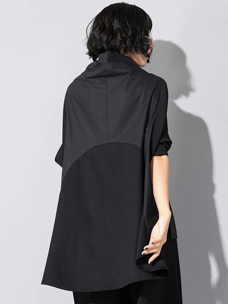 Women Black Loose Pocket Irregular Hem Big Size T-shirt New Turtleneck Long Sleeve Fashion Tide Spring Autumn 2025 JQ01801