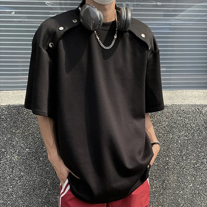 Summer Niche Design Tees Men's Metal Button Solid Color T-shirt Loose O-neck Short-sleeved Top Casual 9C5795