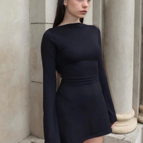 Load image into Gallery viewer, Elegant Long Sleeved Round Neck Short Skirt Tight Elastic Dress Women's Bodycon Lace Up Female Vesidos Streewear 2024
