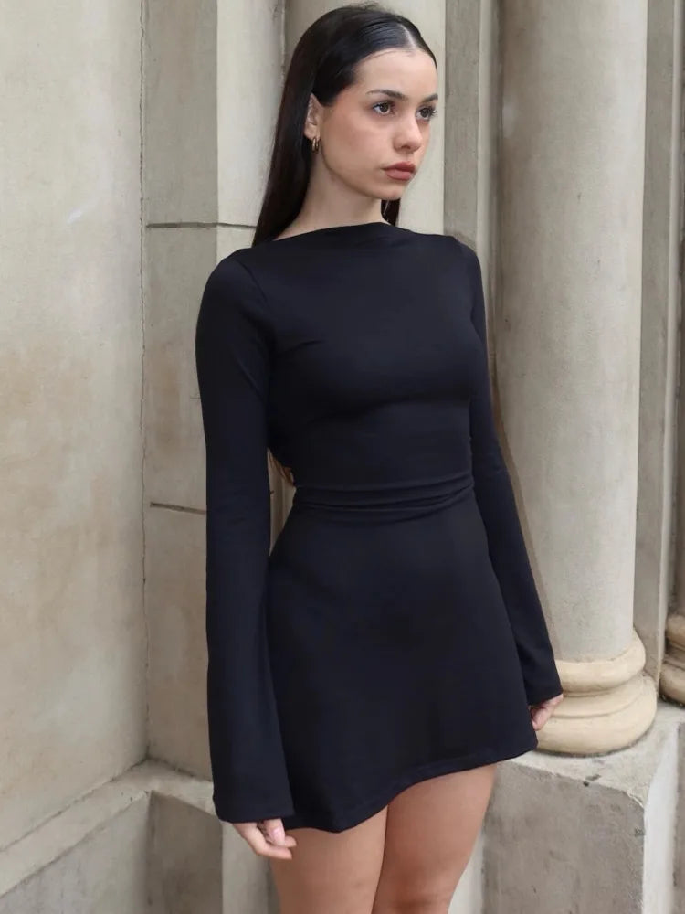 Elegant Long Sleeved Round Neck Short Skirt Tight Elastic Dress Women's Bodycon Lace Up Female Vesidos Streewear 2024