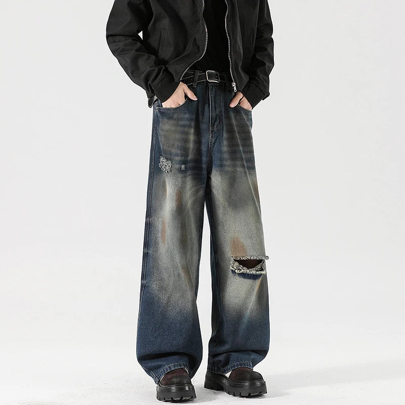 Men's Jeans Washed Dirty Ripped Stylish Hole Worn-out Design High Street Straight Leg Trendy Male Casual Trousers 9W2024