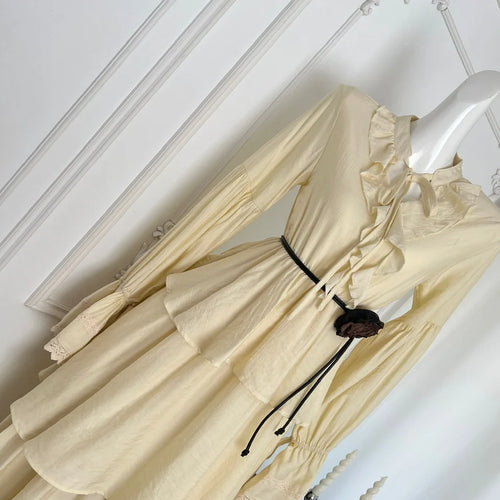 Load image into Gallery viewer, French Fashion Women's Beige Lace Long Sleeve Ruffles Lace-up Dress 2024 Autumn Vintage New High Waist Pleated Cake Dress Simple

