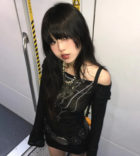 Japanese Y2k Knitted Tops Grunge Tattoo Print Long Sleeve T-shirt Ribbed Vintage Harajuku Shirring Knitwear 2000s Gothic