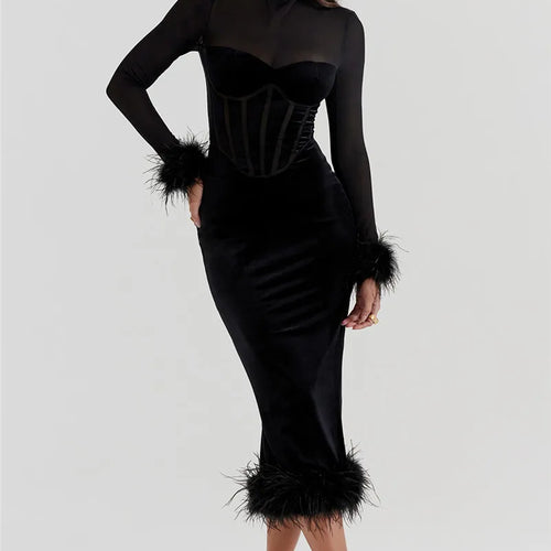 Load image into Gallery viewer, Elegant Feather Sexy Midi Dress For Women Black Fashion Sheer Long Sleeve Backless Bodycon Club Party Long Dress
