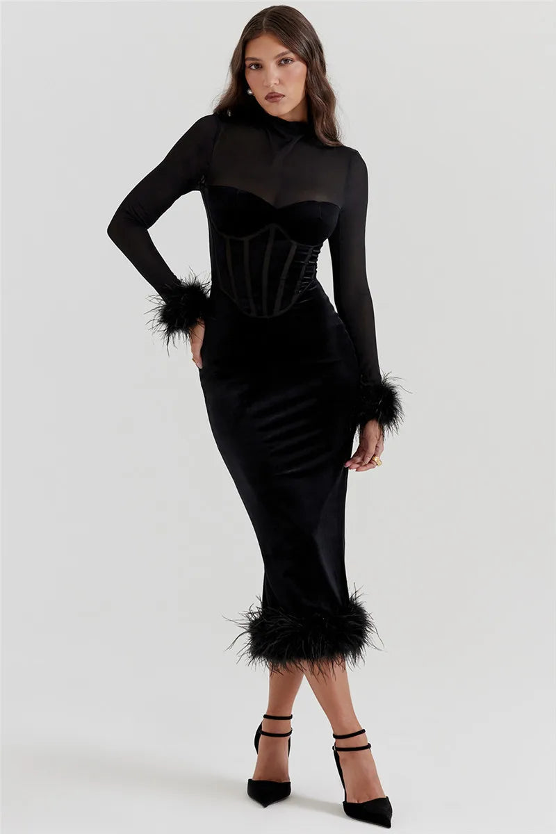 Elegant Feather Sexy Midi Dress For Women Black Fashion Sheer Long Sleeve Backless Bodycon Club Party Long Dress