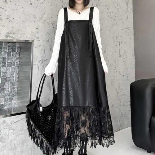 Load image into Gallery viewer, Women Black Pu Leather Hem Lace Big Size Strap Dress New Square Collar Sleeveless Fashion Tide Spring Autumn 2025 1DH7279

