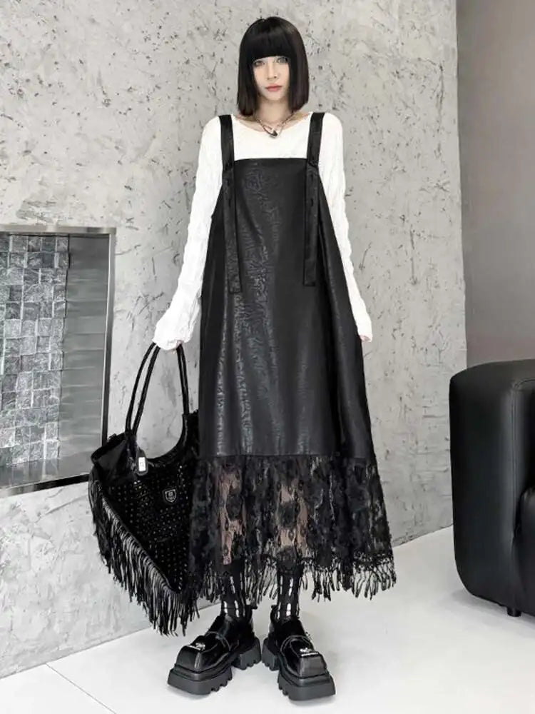 Women Black Pu Leather Hem Lace Big Size Strap Dress New Square Collar Sleeveless Fashion Tide Spring Autumn 2025 1DH7279