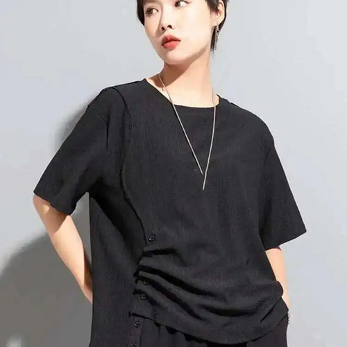 Load image into Gallery viewer, Women White Irregular Pleated Big Size Casual T-shirt New Round Neck Short Sleeve Fashion Tide Spring Summer 2025 1DF8661
