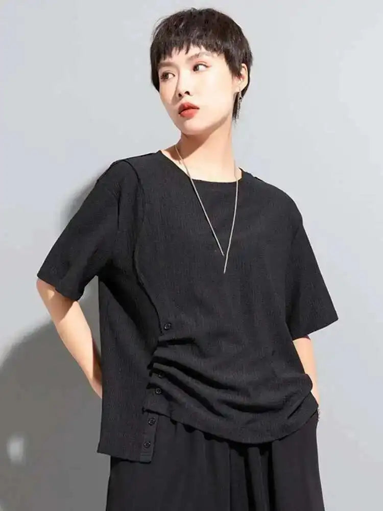 Women White Irregular Pleated Big Size Casual T-shirt New Round Neck Short Sleeve Fashion Tide Spring Summer 2025 1DF8661