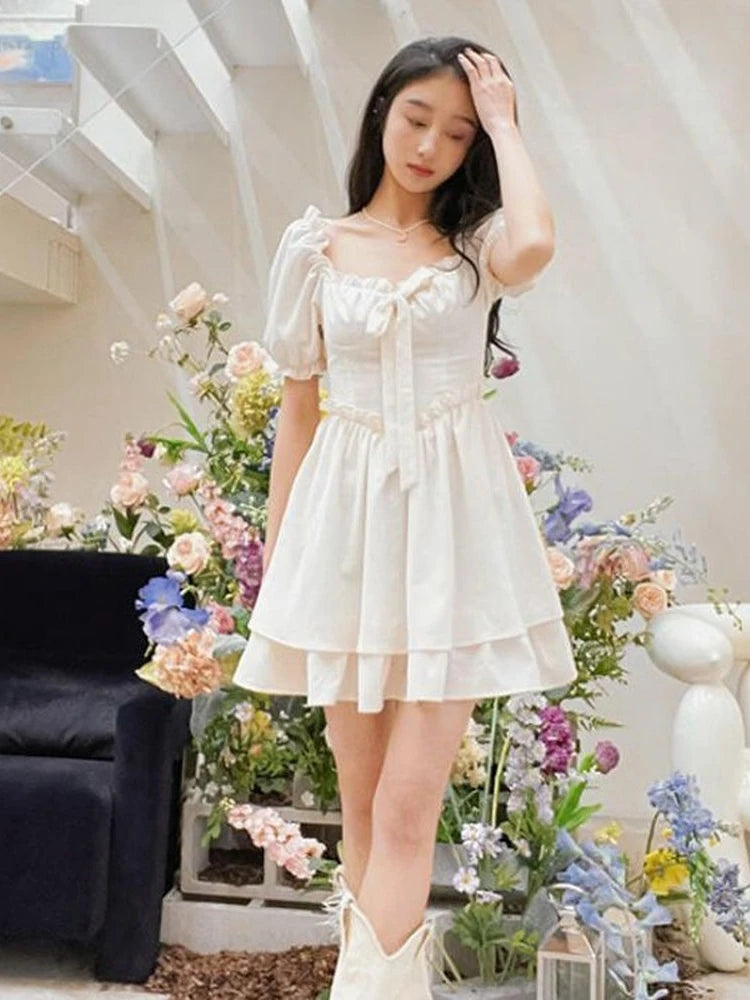 Sweet Kawaii Fiary Dress Women Vintage Casual Puff Sleeve Short Dresses Ruffles Cute Robes Summer Soft Girl Mori