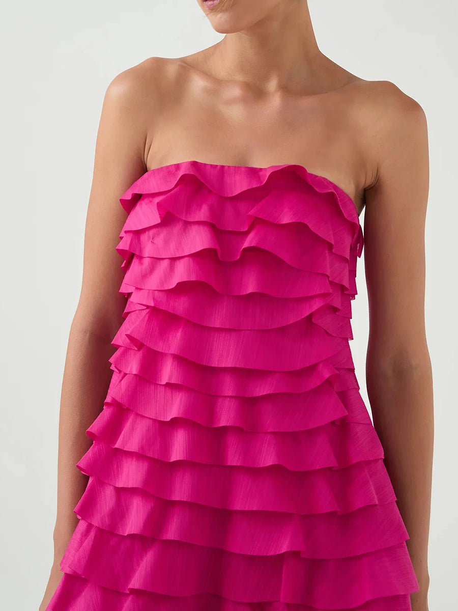 Solid Spliced Ruffles Loose Dresses For Women Strapless Sleeveless High Waist Temperament Dress Female Fashion New