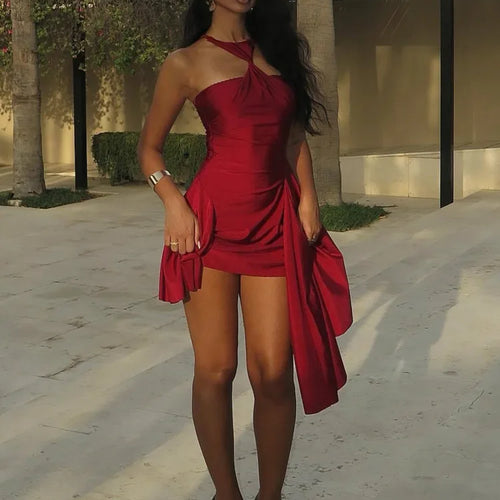 Load image into Gallery viewer, Sexy Sleeveless Hanging Collar Pleated Irregular Dress For Women Bodycon Backless Skirt Autumn Party Club Evening Dress
