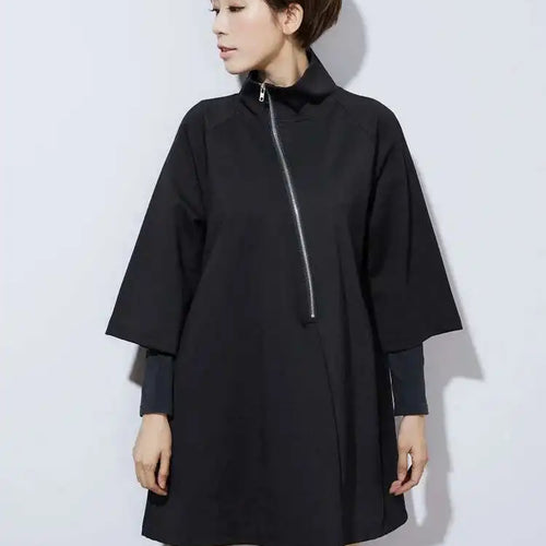 Load image into Gallery viewer, Women Black Zipper Casual Big Size Dress New Turtleneck Three-quarter Sleeve Loose Fit Fashion Spring Autumn 2025 1DF4717
