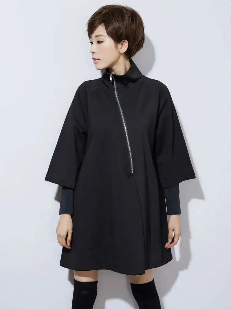 Women Black Zipper Casual Big Size Dress New Turtleneck Three-quarter Sleeve Loose Fit Fashion Spring Autumn 2025 1DF4717