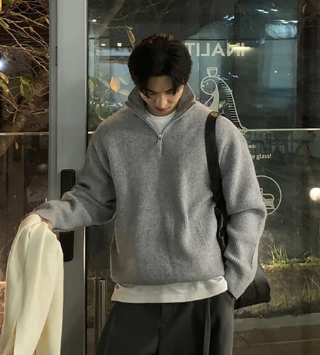 Men's Sweater New Korean Style Simple Trendy Casual Half Zipper Pullover Design Turn-down Collar Stylish Male Top 9W1813