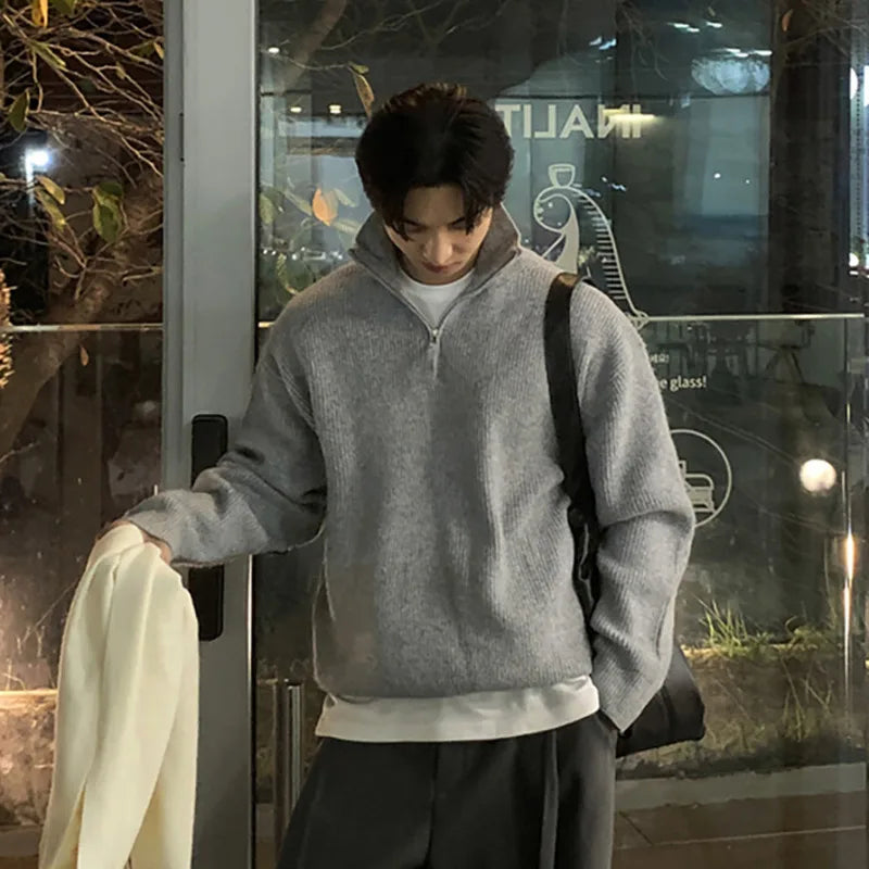 Men's Sweater New Korean Style Simple Trendy Casual Half Zipper Pullover Design Turn-down Collar Stylish Male Top 9W1813